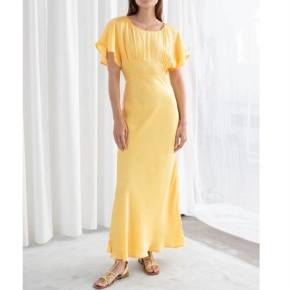 $129 & Other Stories Yellow Flowy Short Sleeve Gathered Satin Maxi Dress 6